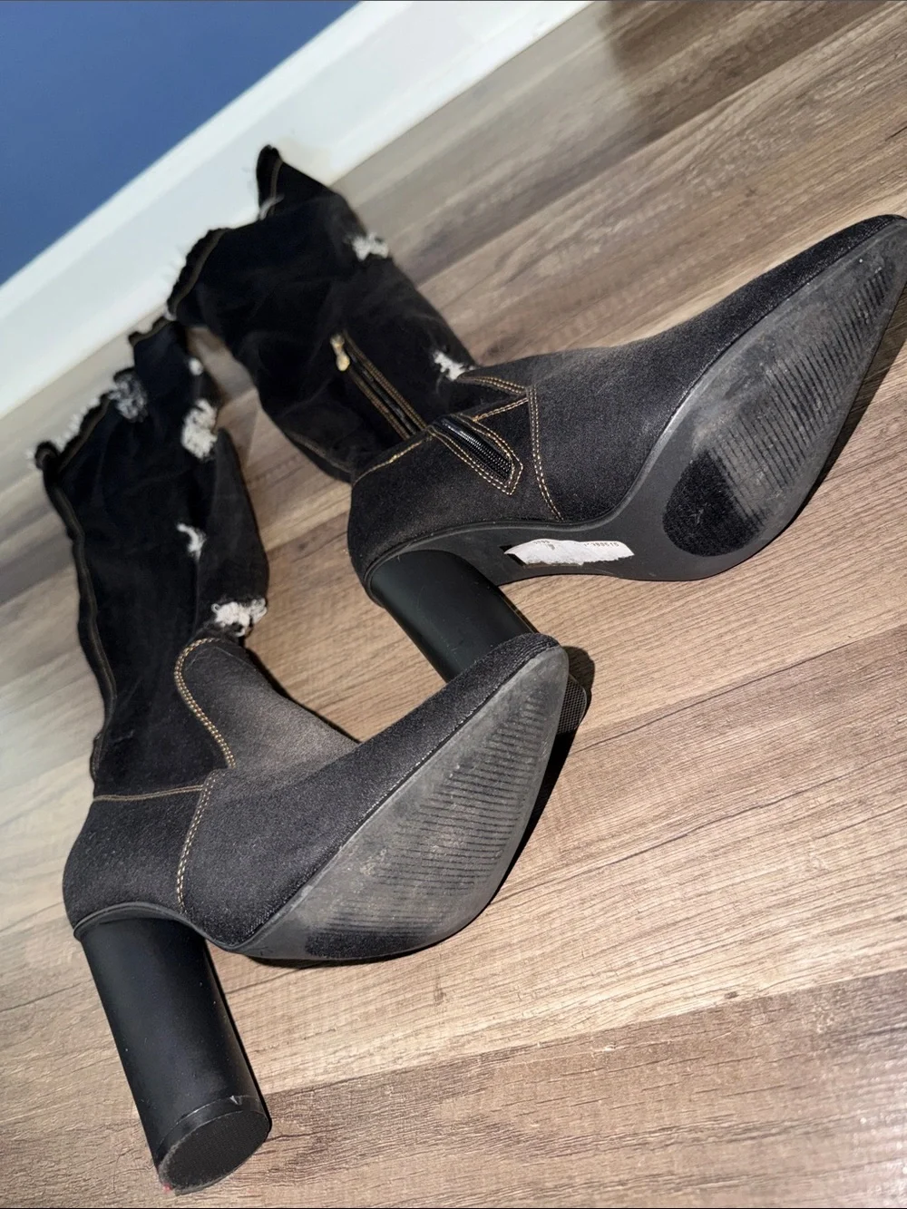 Cape Robbin Black Distressed Denim-Like Over-the-Knee Chunky Heel Boots